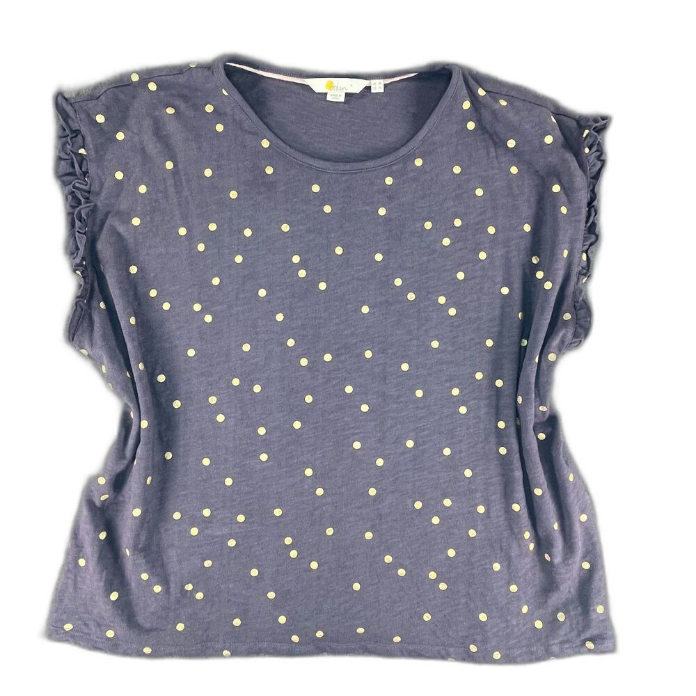 Boden US 14 Polka Dot Ruffle Sleeve Tee Blue Gold Spot Cotton Twee Mod Preppy